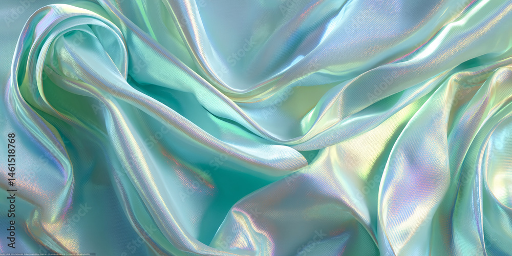 Poster Soft, iridescent teal fabric texture with subtle folds, showcasing a smooth, flowing drape ideal for background or design element