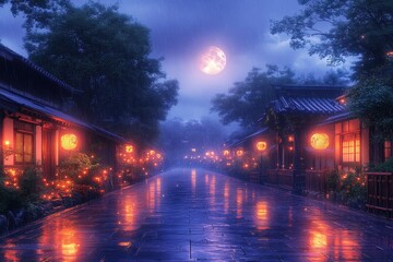Fototapeta premium Tranquil moonlit street in a town on a rainy night; old buildings and lanterns