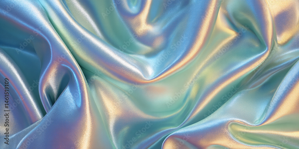 Poster close-up of iridescent fabric texture, showing soft folds and shimmering light reflections, ideal fo