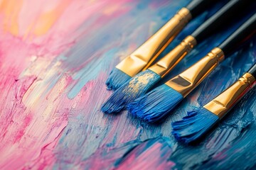 Fototapeta premium Colorful paint strokes and 's brushes.