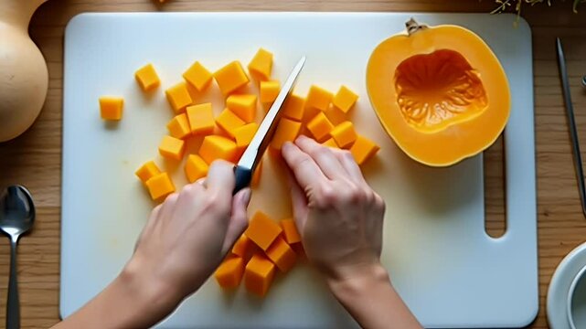 Hands cutting fresh squash into cubes for cooking
