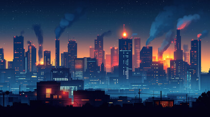 Fototapeta premium Night cityscape with glowing windows and smoke stacks at sunset or sunrise