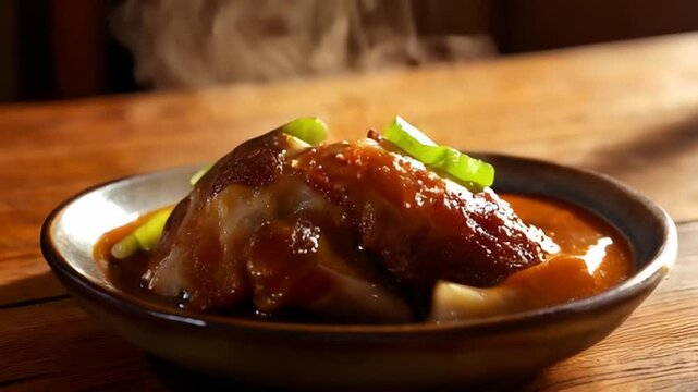 Close Up of Savory Pork Knuckle Dish with Brown Sauce and Garnishes on an Earthenware Plate Displayed on a Wooden Table Surface with Rising Steam