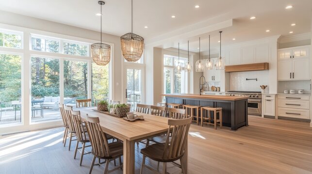 Sunlit open concept kitchen and dining area with natural wood details