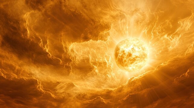 Blazing orb amidst radiant aurous nebula creating cosmic spectacle