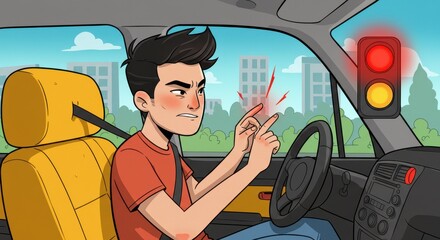 Frustrated Driver at Red Light: A Cartoon Illustration