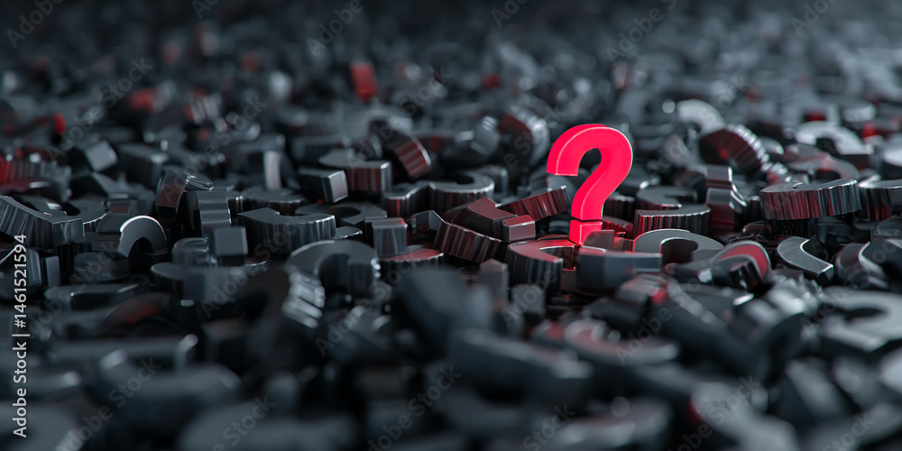 Poster Red question mark stands out among numerous gray question marks, symbolizing unique solutions, problem-solving, or finding answers
