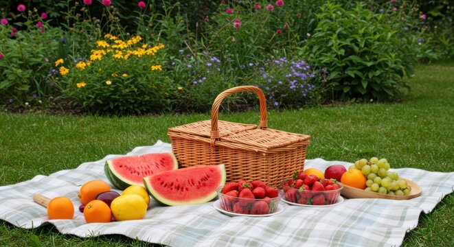 A picnic basket with fruit on a blanket in a garden with flowers in the background on a sunny day