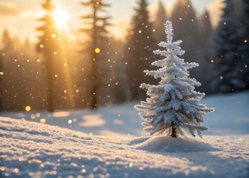 Winter wonderland scene featuring a frosted evergreen tree in a snow covered landscape