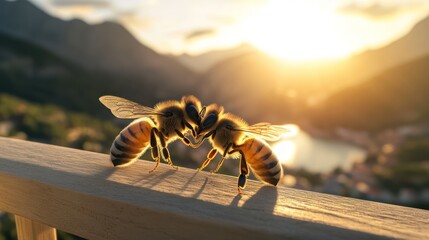 Two bees on a railing at sunset