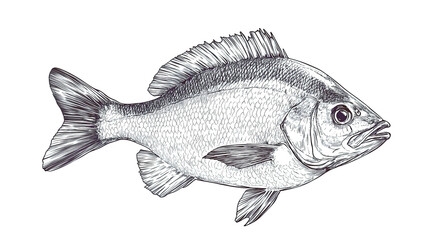 Obraz premium Fish sketch dorado gilt-head bream. Vintage retro print, black white gilt-head bream fish sketch ink pencil style drawing, linear drawing, engrave old school. Sketch artwork dorado fish. Illustration