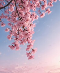 Floating pink sakura petals against a blurred pastel sky ,  flower,  bloom