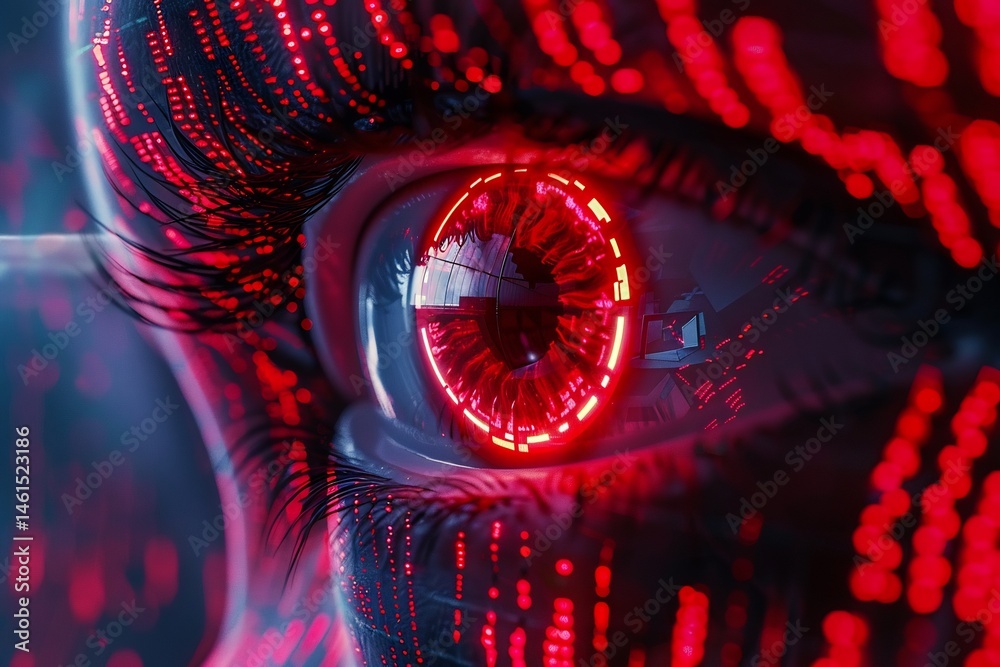 Poster futuristic humanoid eye with binary code overlay and red glowing elements