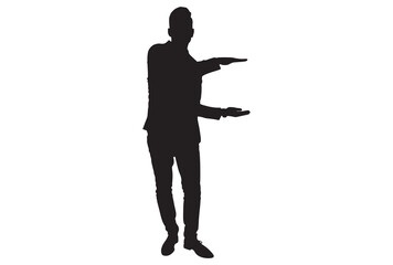 Silhouette of full body of cheerful young businessman showing blank business