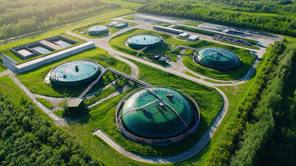 Modern water treatment plant cleans industrial wastewater. Purification tanks, processing reservoirs purify sewage water with industrial technology. Sustainable eco-friendly factory environment