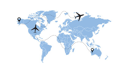 Naklejka premium world map, flying white airplanes routes vector illustration