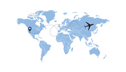 world map, flying white airplanes routes vector illustration