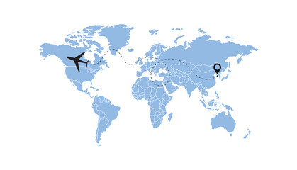 world map, flying white airplanes routes vector illustration