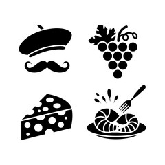 French food and culture icons isolated on transparent background