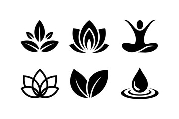 Wellness spa icons set with lotus leaves yoga pose and water droplet

