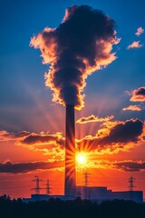 Fototapeta premium Industrial Power Plant Emitting Pollution at Sunset, Environmental Impact of Fossil Fuels.