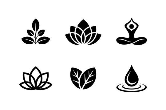 Wellness spa icons set with lotus leaves yoga pose and water droplet
