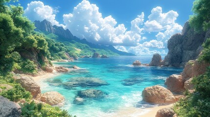 Fototapeta premium Turquoise sea meets white sand on this tropical island with lush greenery