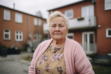 Fototapeta premium portrait of senior body positive woman with slightly messy modern apartment in the background in sweden