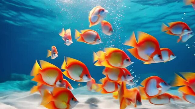 Vibrant flame angelfish school swimming gracefully undersea in a tropical coral reef