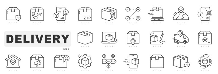 Set of delivery related line icons. Package, logistic, transport etc. Editable stroke. Set 2