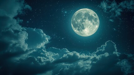 Dramatic nightscape with a luminous moon casting its glow through the clouds