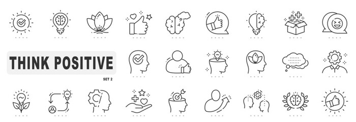 Set of positive thinking related line icons. Optimism, brain, thought, happiness etc. Editable stroke. Set 2