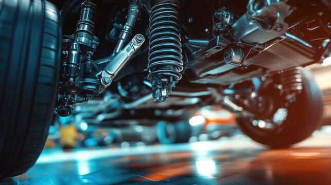 Undercarriage view of modern car chassis showcasing intricate suspension system