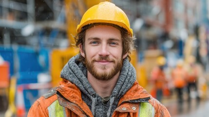Young construction worker confidently facing camera, wearing safety gear with a warm, approachable expression