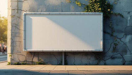 A large white billboard sits on a city sidewalk