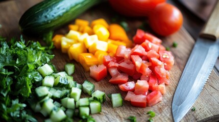 Vibrant diced vegetables preparing a colorful and refreshing raw salad