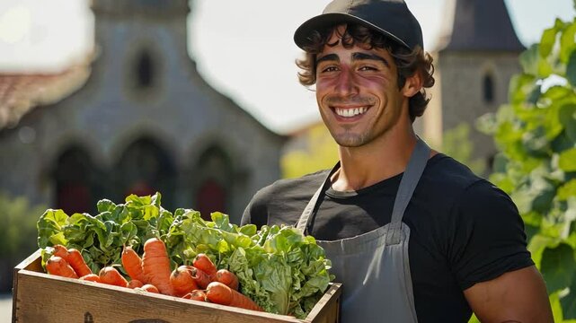 A Young Man Carrying A Wooden Box Filled With Organic Vegetables, Showcasing A Farm-To-Table Lifestyle.