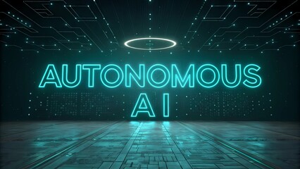 Fototapeta premium The text Autonomous AI glowing in futuristic neon circuits and data streams, symbolizing self-governing artificial intelligence agents and the future of independent AI-driven decision-making using AGI