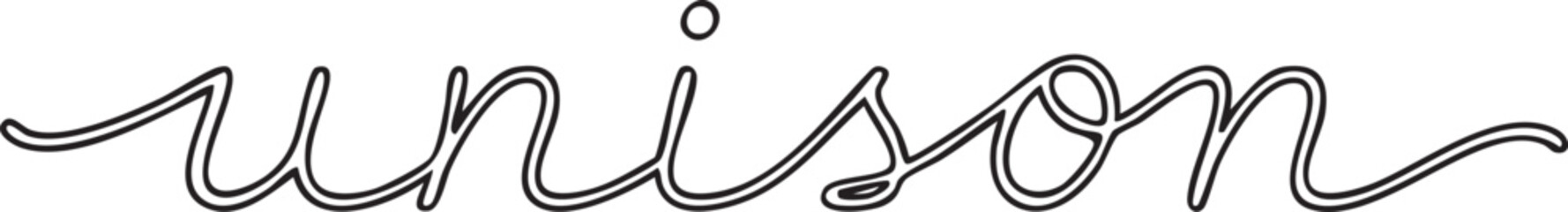 A delicate flowing cursive word 'unison' is rendered in a thin black against a stark black background.
