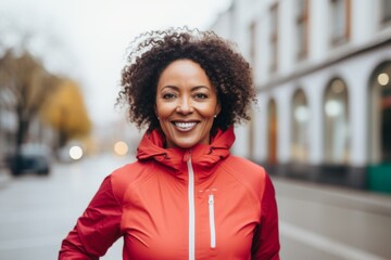 Portrait of a middle age body positive african american woman in sporty clothes smiling after running on the street