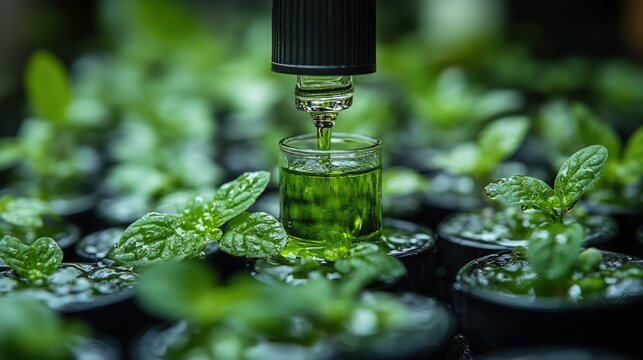 Nutrient solution being dispensed to mint plants in a controlled environment