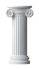 Ancient greek Classical white column with intricate Ionic isolated on white background