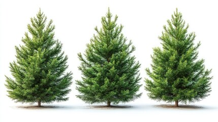 Three realistic evergreen trees against white background