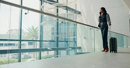Phone call, suitcase and walking with business woman at conference for B2b manager, seminar speaker and contact. Convention center, travel and networking with person in lobby for event and expo