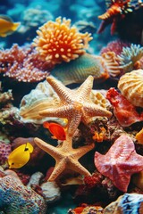 Starfish and Colorful Fish in Coral Reef Habitat