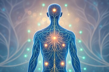 A digital illustration of a human body highlighting the nervous system with glowing nodes representing neural connections.