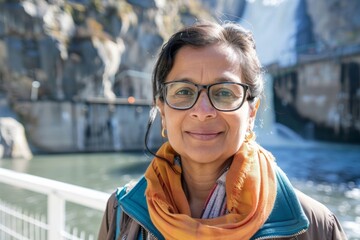Portrait of a smiling middle aged indian female engineer at hydroelectric plant