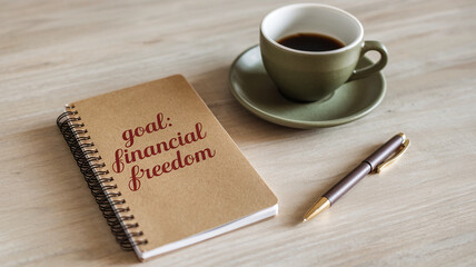 Brown notebook with "goal: financial freedom" written on it, next to a cup of coffee and pen on a light wooden table, showcasing financial planning concept