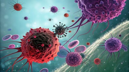 Microscopic view of viruses and cells interacting, showcasing the complexity of cellular and viral structures in a vibrant, scientific illustration.