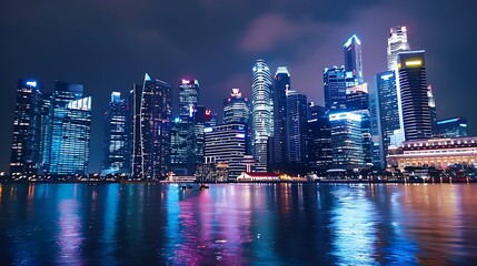 Fototapeta premium Technology cityscape featuring tall smart buildings glowing at night